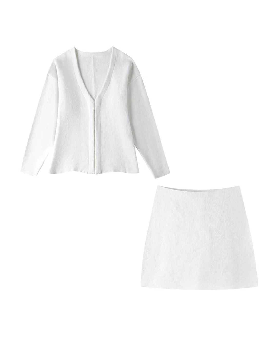 V-Neck Cardigan and High Waist Mini Skirts White Suit S
