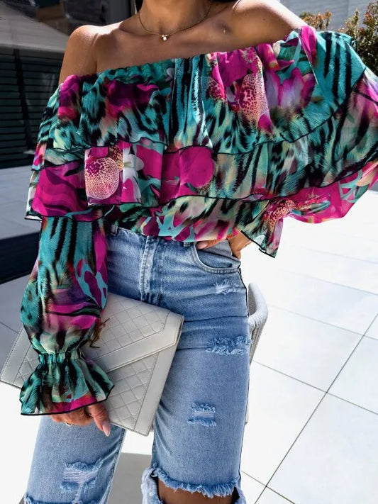 Boho Floral Off-Shoulder Long Sleeve Blouse Light Blue S