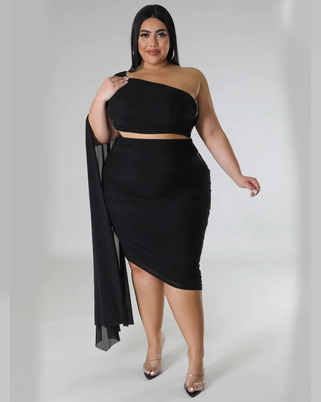 Plus Size Single Sleeve Crop-Top Two Piece Set black L