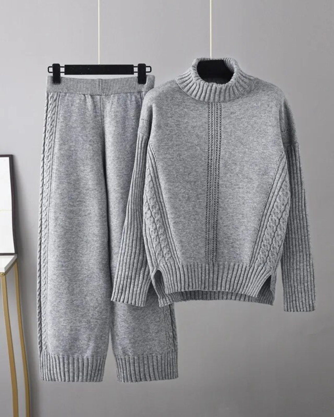 Turtleneck Knitted Top & Trousers Set Grey One Size