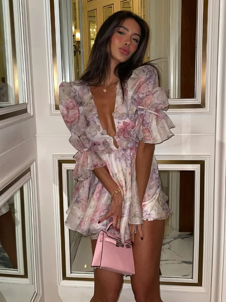 Sexy V-Neck Flare Sleeve Mini Dress