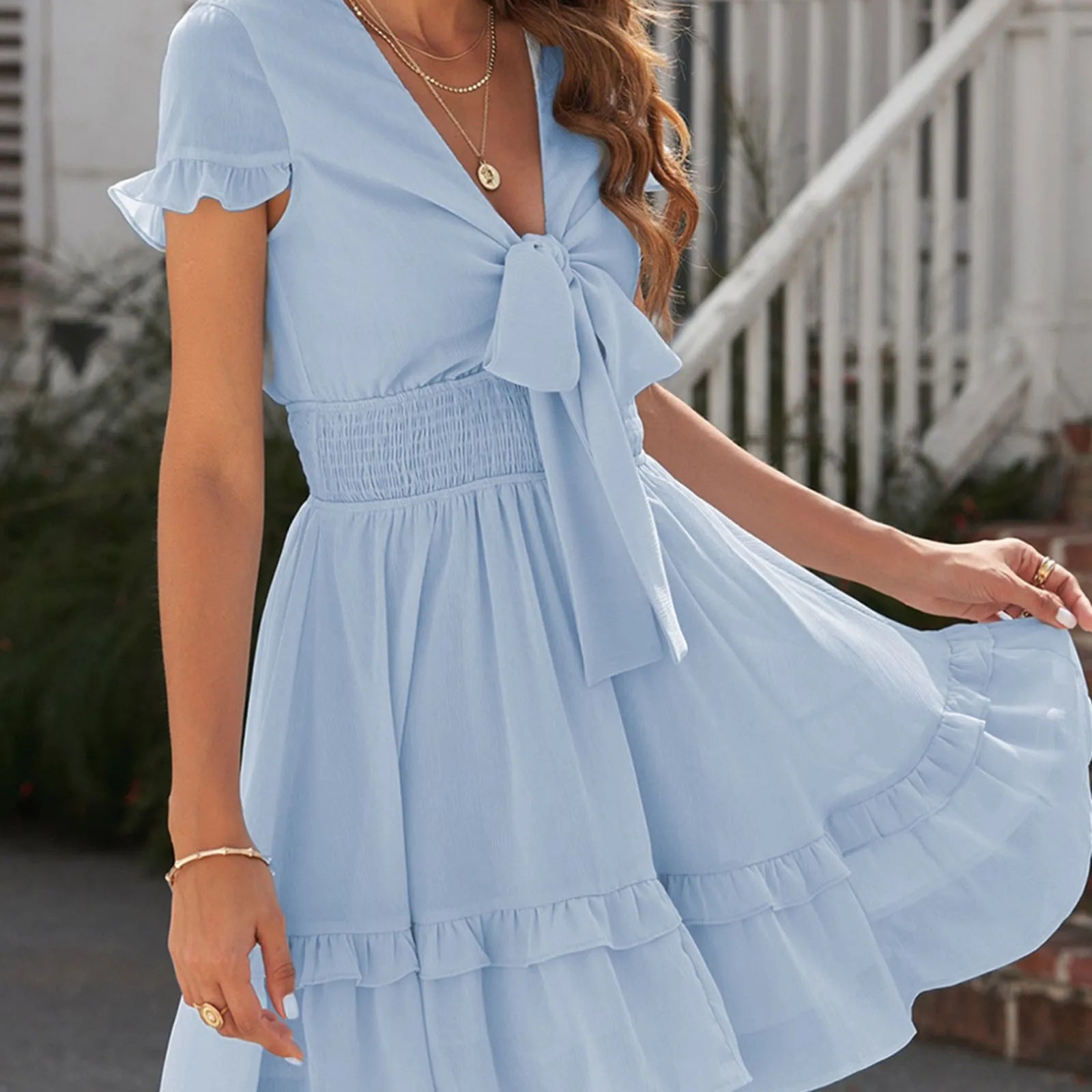 Deep V-Neck Tunic Waist Short Sleeve Blue XL