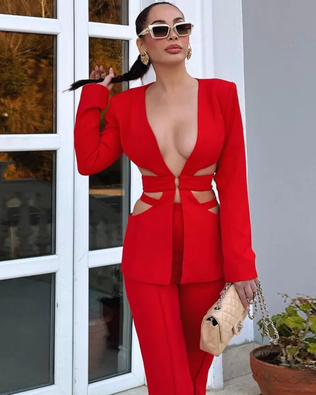 V Neck Blazer Top & Long Pants Set