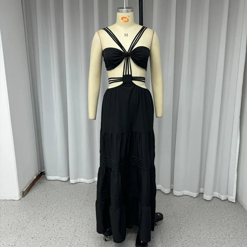 Sleeveless Lace-Up Solid Color Pleated Beach Party Dress