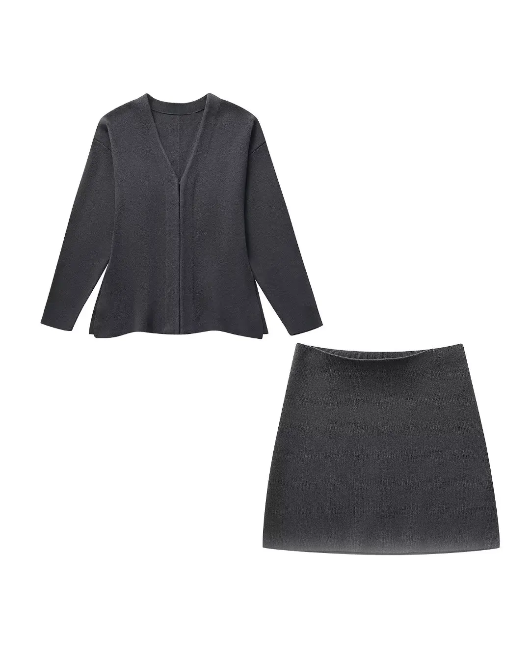 V-Neck Cardigan and High Waist Mini Skirts Grey Suit S