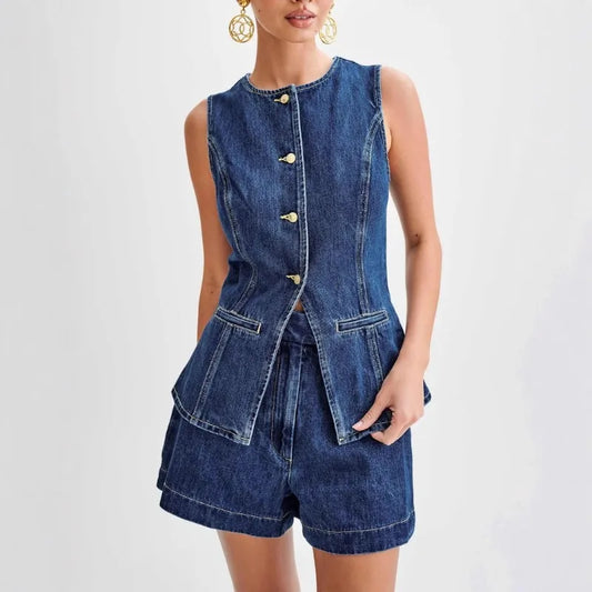 Casual Sleeveless High Waist Denim Shorts Set