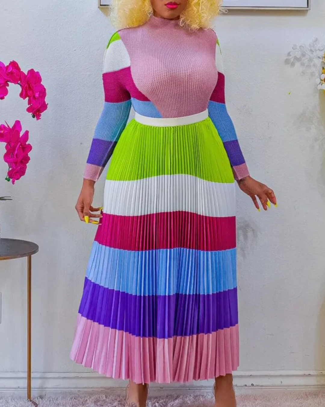 Colorblock Printed Top & Pleated Skirt Set Green S