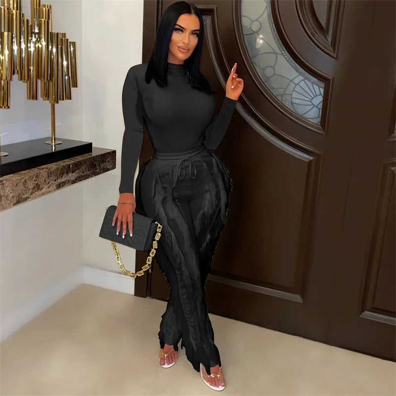 Long Sleeve Bodysuit Top and Tassel Pants Outfit black XL