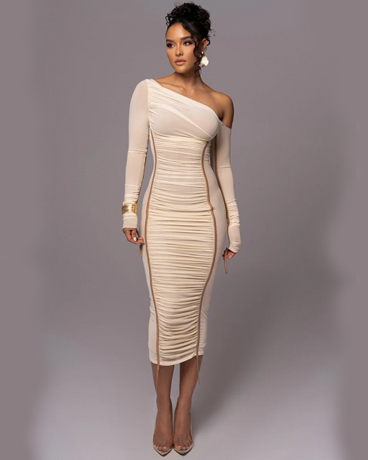 Diagonal Collar Long Sleeve Backless Midi Dress White S