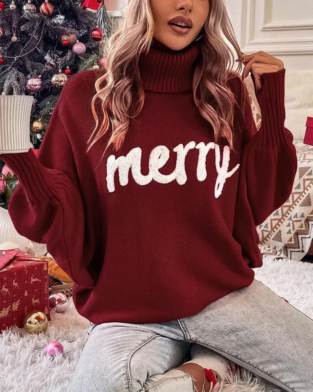 Knitted Turtleneck Loose Pullover Sweater Wine Red S