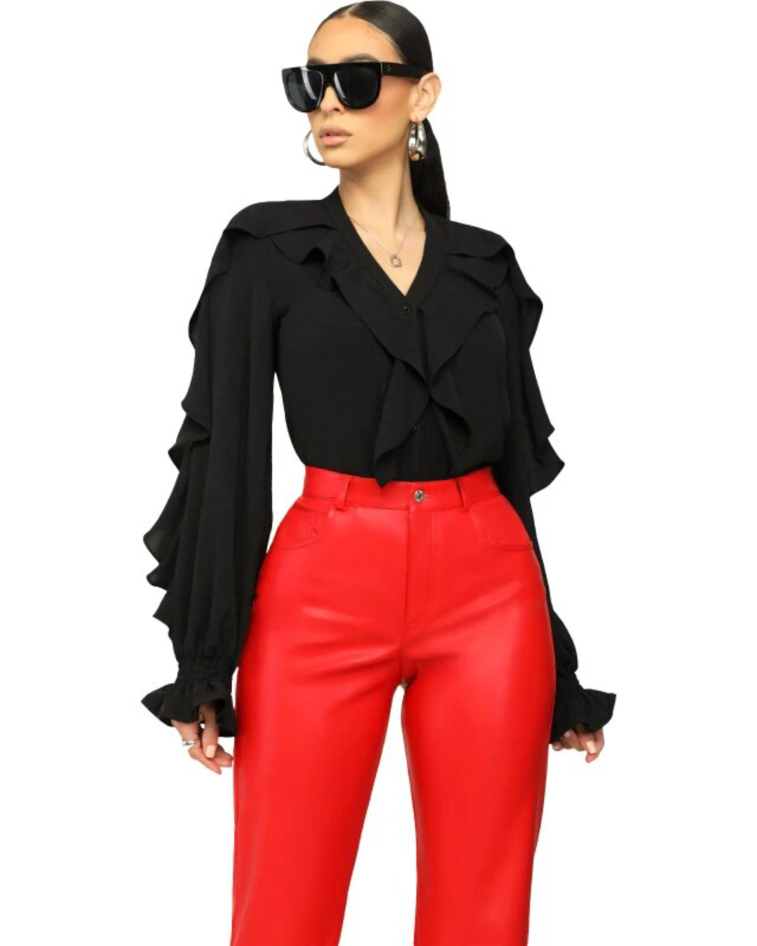 V Neck Lantern Sleeve Ruffles Blouse Black S