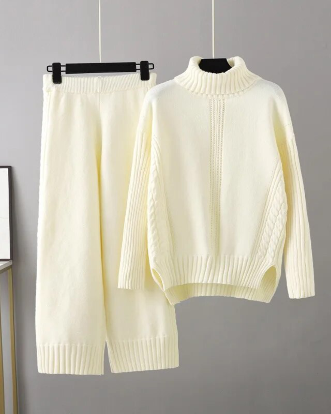Turtleneck Knitted Top & Trousers Set Rice White One Size