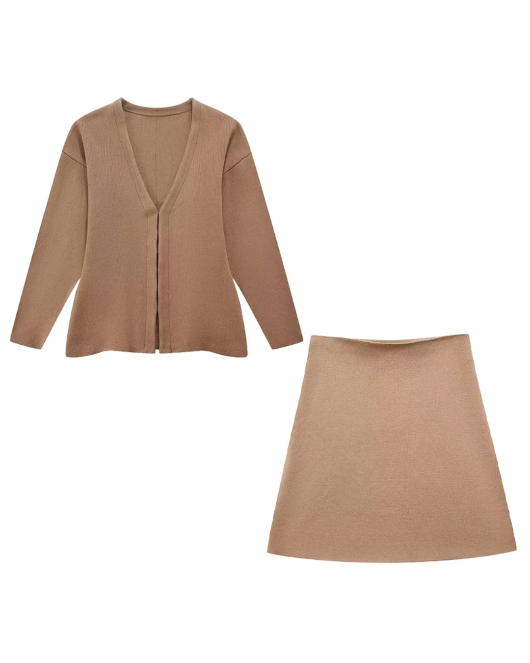 V-Neck Cardigan and High Waist Mini Skirts Brown Suit S