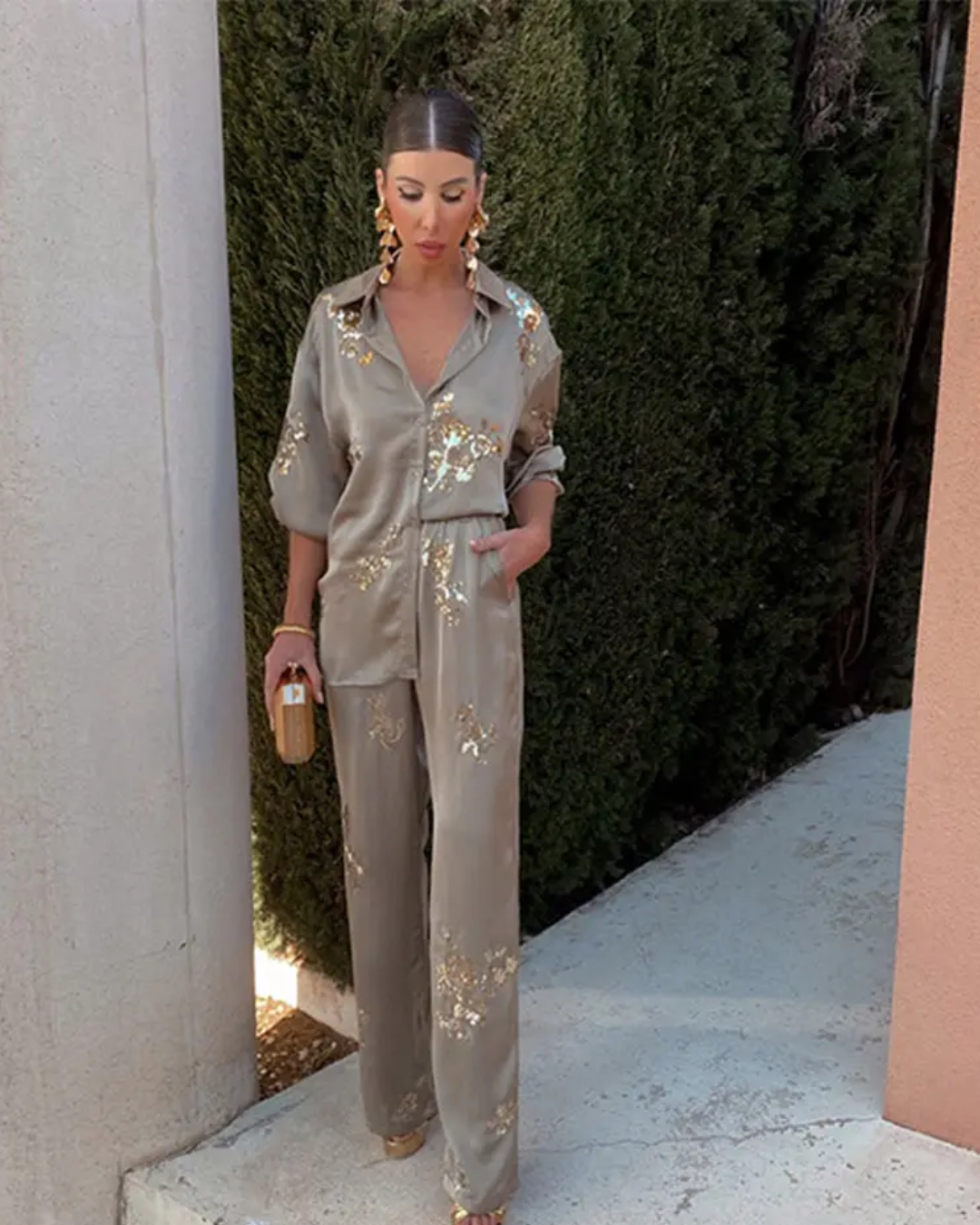 Sequinned Shirt Suit 2-Piece Set S