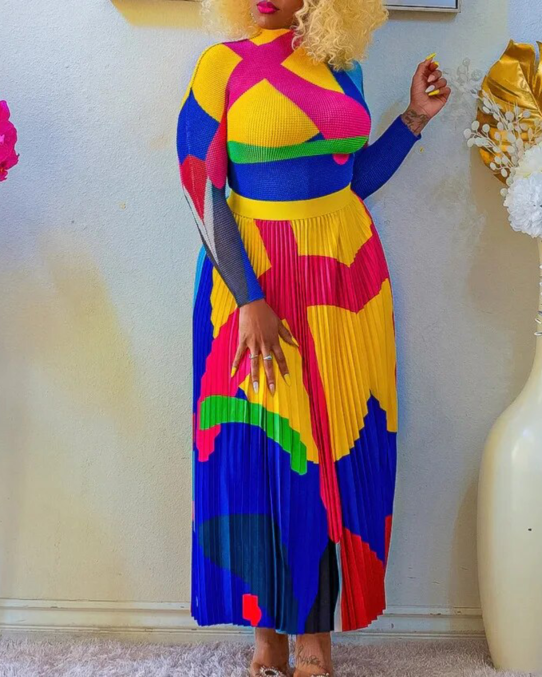Colorblock Printed Top & Pleated Skirt Set Blue S
