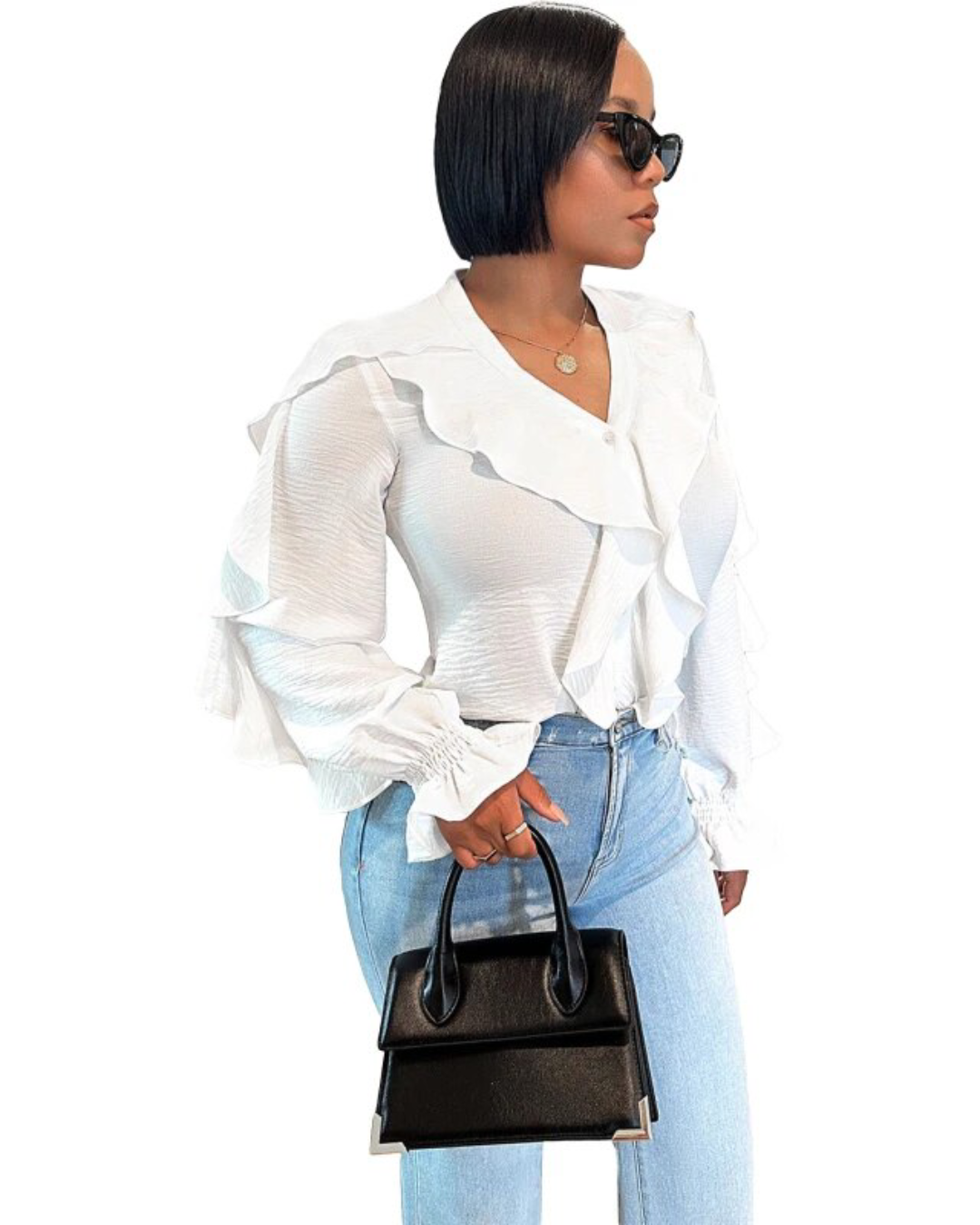 V Neck Lantern Sleeve Ruffles Blouse