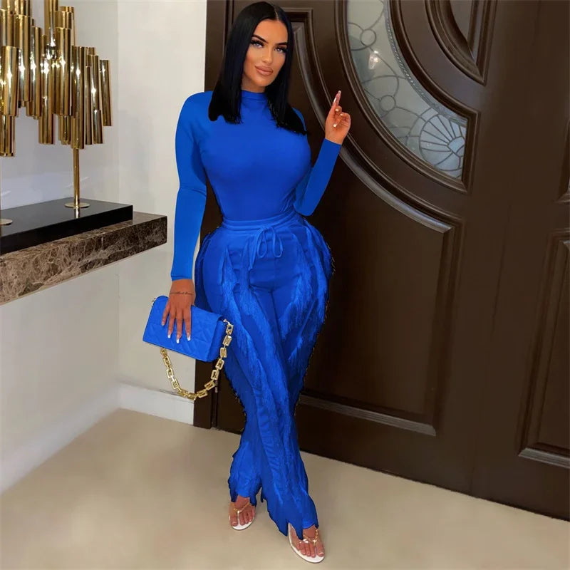 Long Sleeve Bodysuit Top and Tassel Pants Outfit Blue L