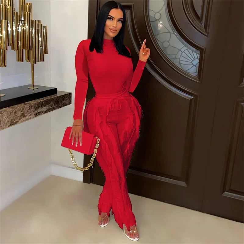 Long Sleeve Bodysuit Top and Tassel Pants Outfit Red XL