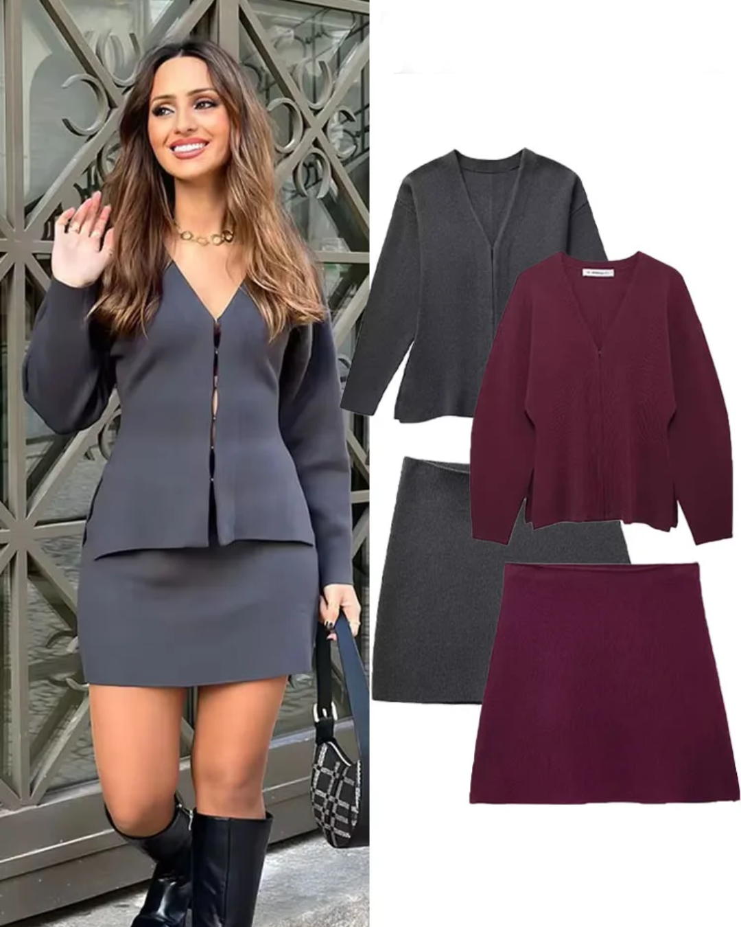 V-Neck Cardigan and High Waist Mini Skirts
