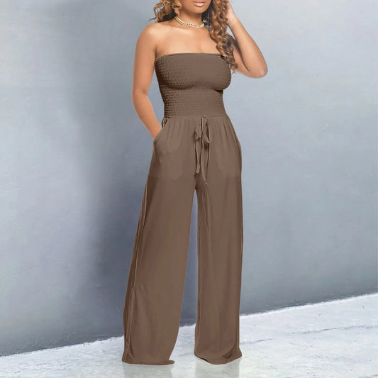Strapless Ruched Wide-Leg Romper Brown S