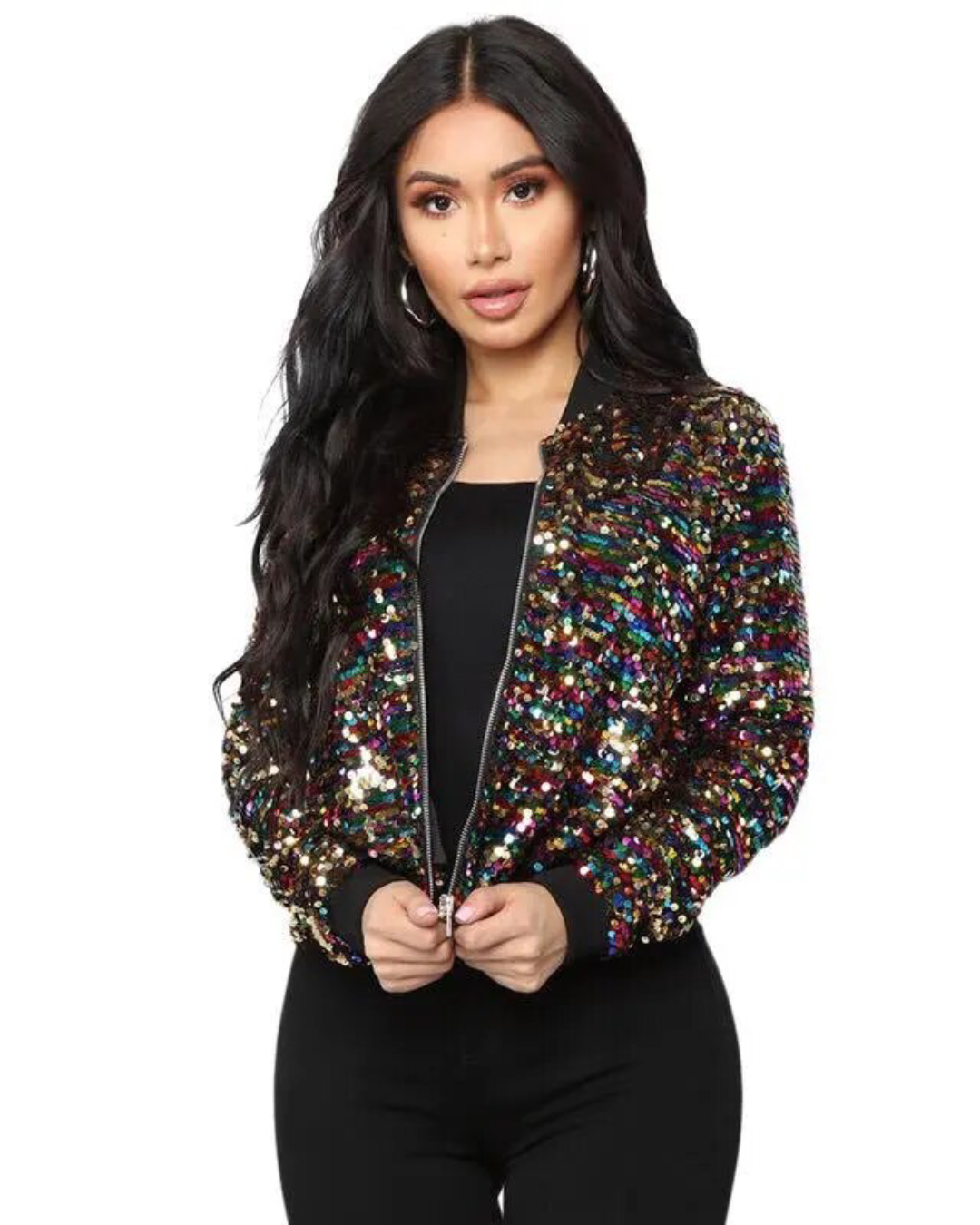 Gradient Color Sequin Zipper Coat Gold S