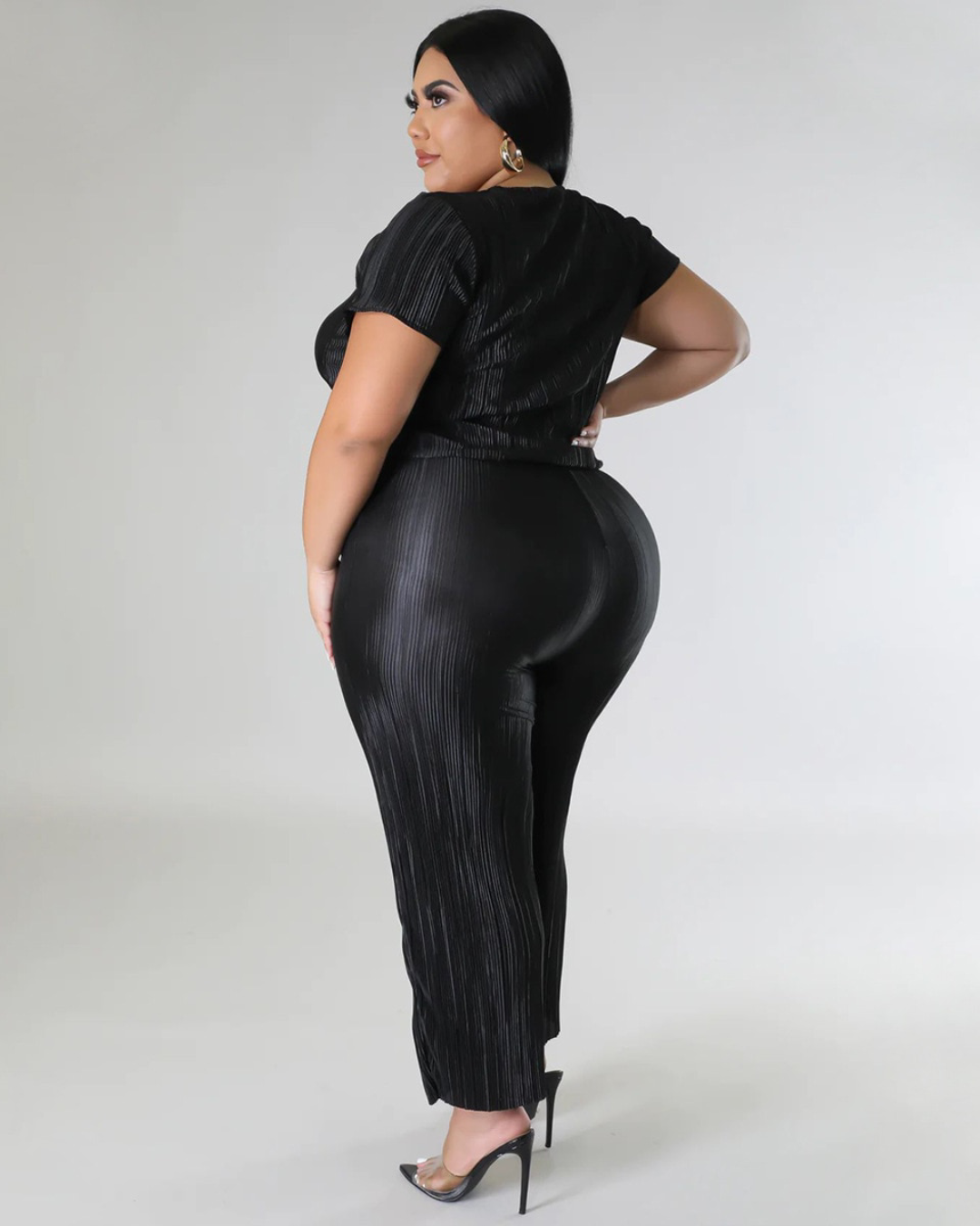 Plus Size Pleated V Neck Two Piece Set