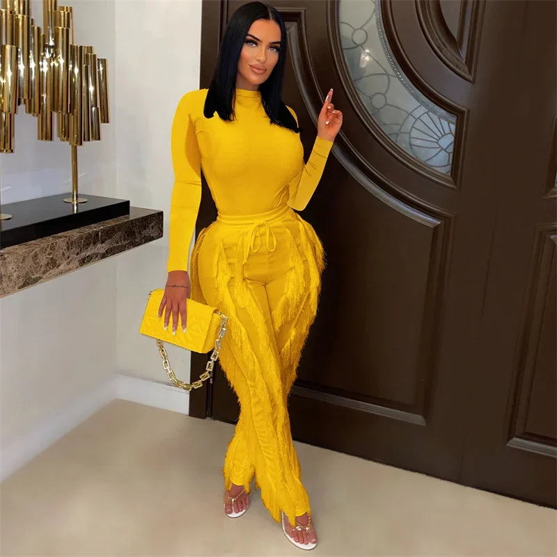 Long Sleeve Bodysuit Top and Tassel Pants Outfit Yellow M