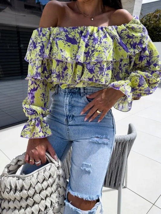 Boho Floral Off-Shoulder Long Sleeve Blouse Yellow S