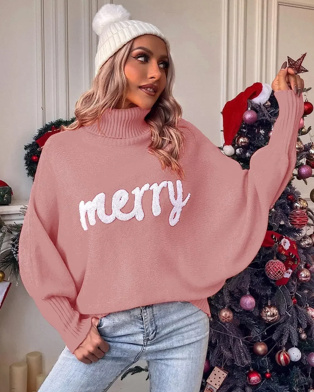 Knitted Turtleneck Loose Pullover Sweater Coral S