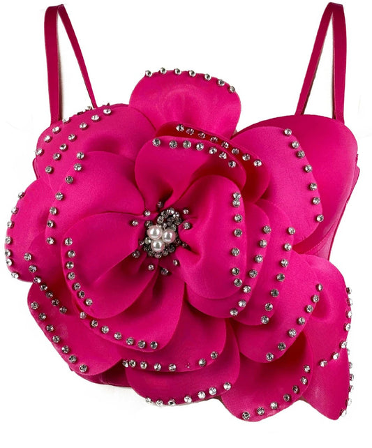 Sexy Beaded Flower Corset Crop Top Rose XL