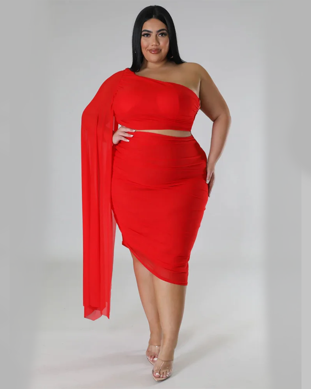Plus Size Single Sleeve Crop-Top Two Piece Set Red L