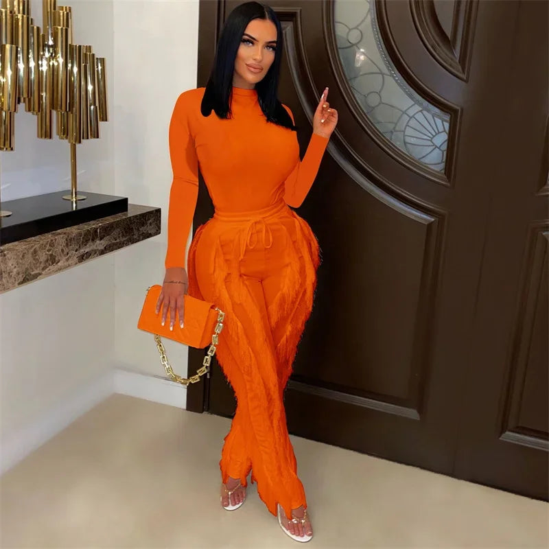 Long Sleeve Bodysuit Top and Tassel Pants Outfit Orange S