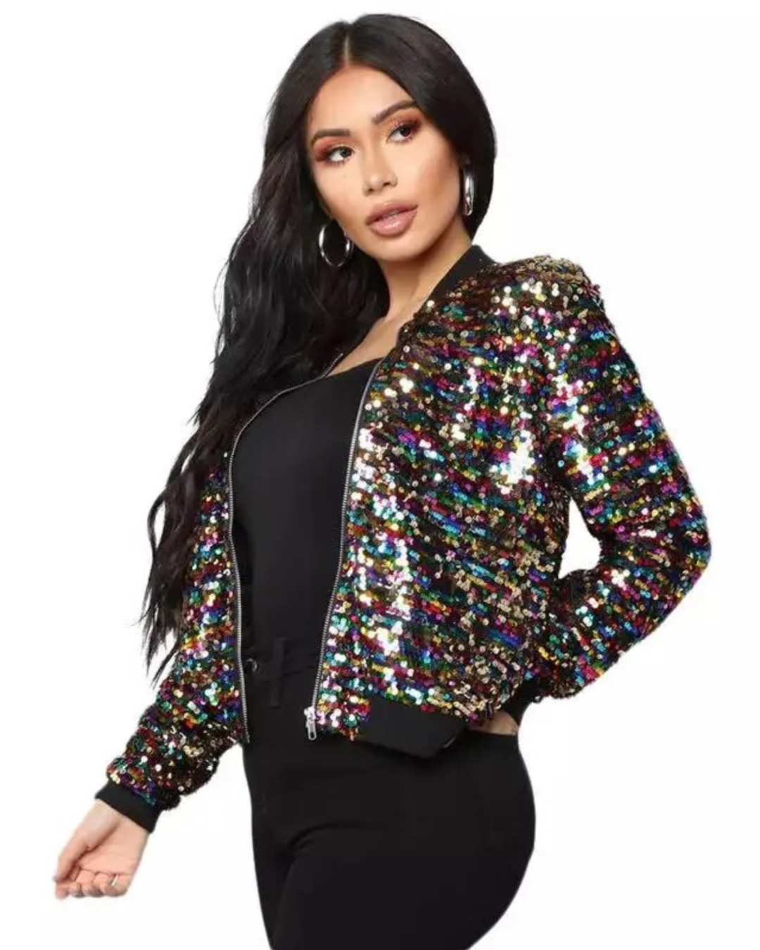Gradient Color Sequin Zipper Coat
