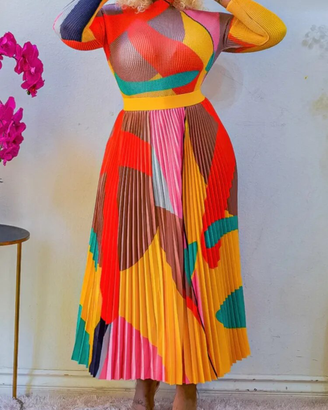 Colorblock Printed Top & Pleated Skirt Set