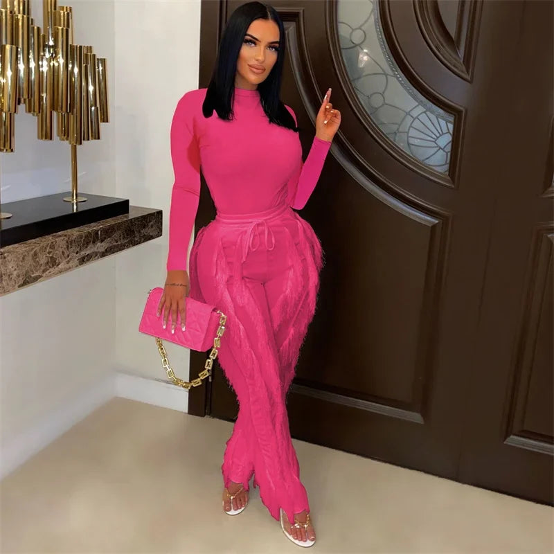 Long Sleeve Bodysuit Top and Tassel Pants Outfit Rose Red S