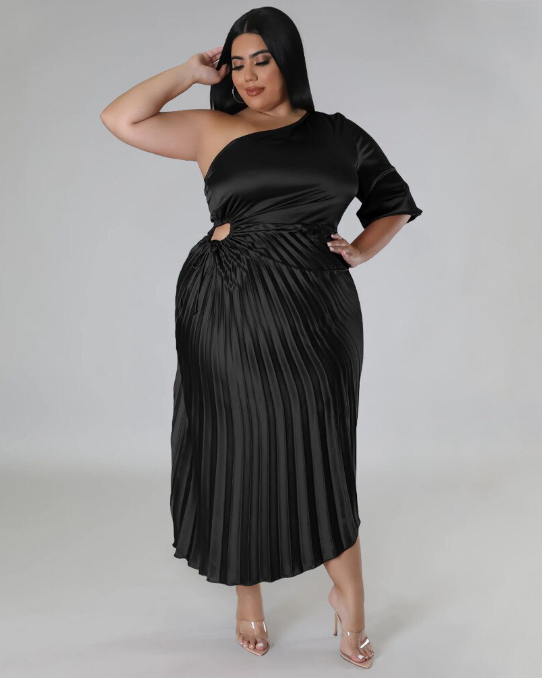 Plus Size Pleated One Shoulder Dress Black XL