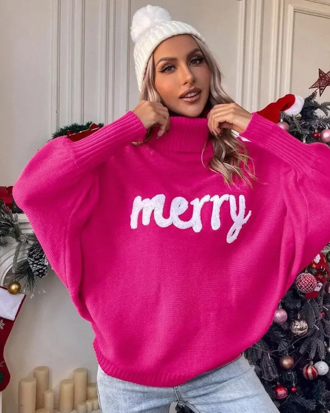 Knitted Turtleneck Loose Pullover Sweater Pink S