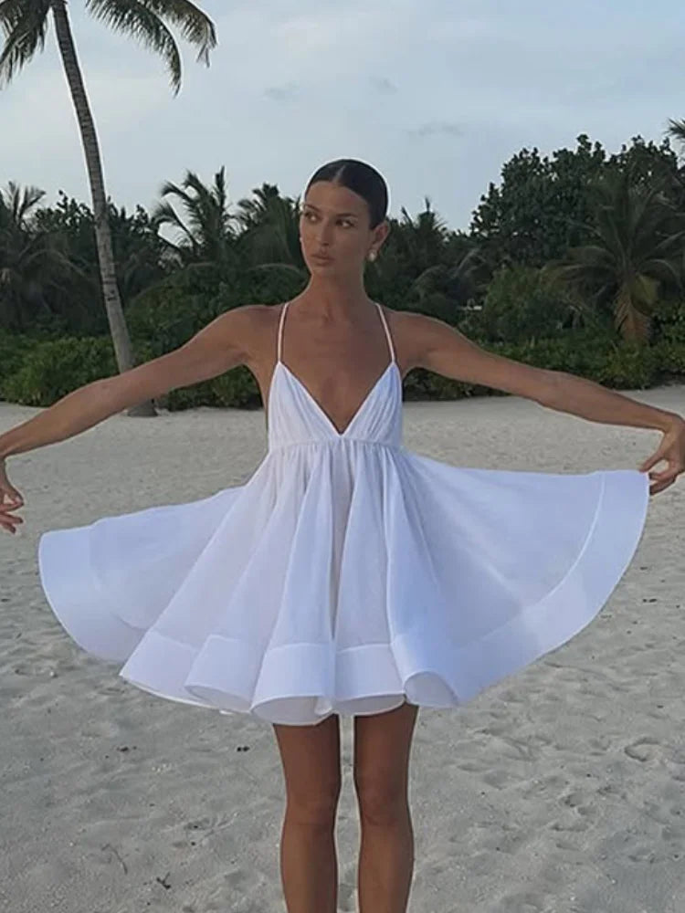 Sexy V-Neck Flare Sleeve Mini Dress White M