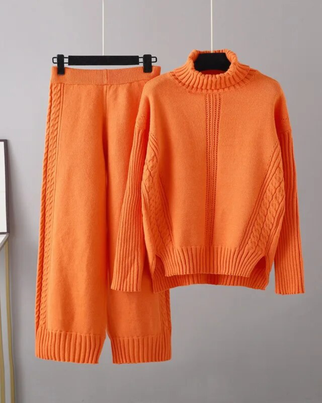 Turtleneck Knitted Top & Trousers Set Blue One Size