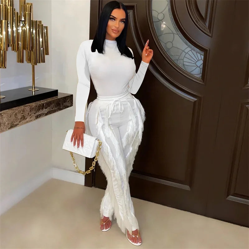 Long Sleeve Bodysuit Top and Tassel Pants Outfit WHITE L