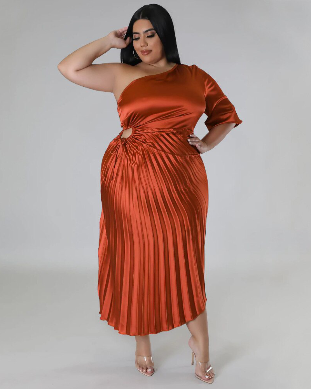 Plus Size Pleated One Shoulder Dress Orange XL