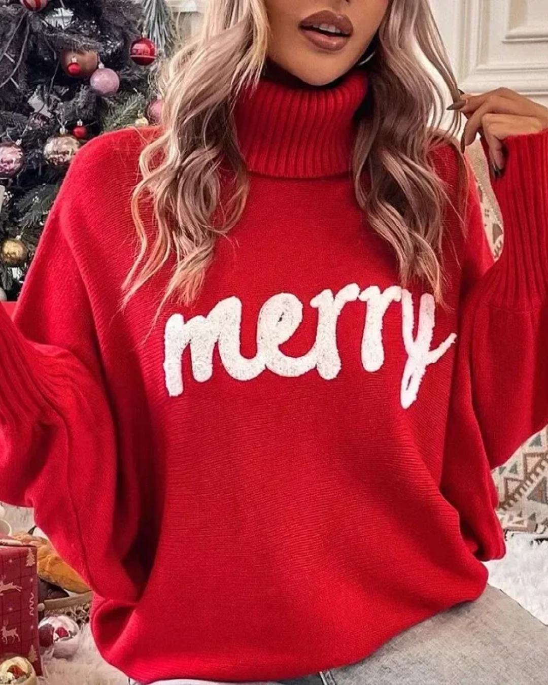 Knitted Turtleneck Loose Pullover Sweater Red 1 S