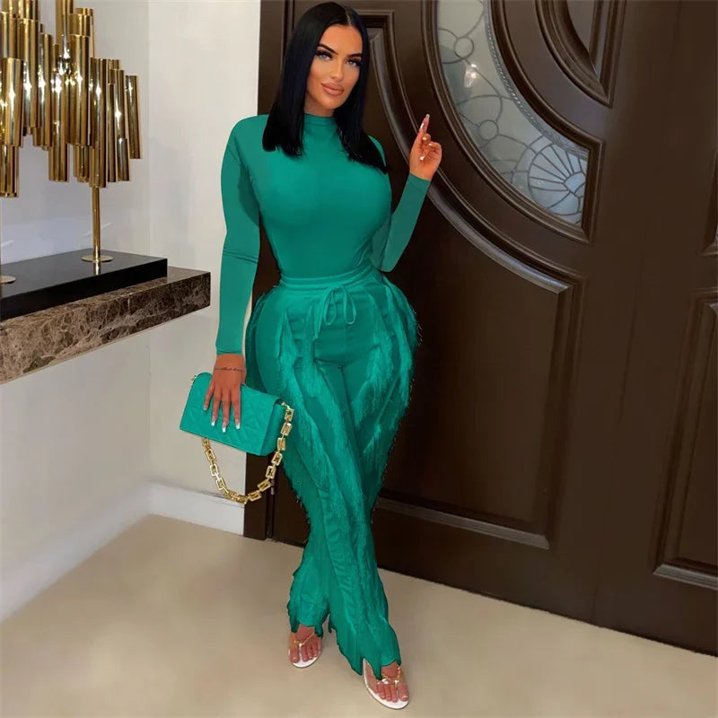 Long Sleeve Bodysuit Top and Tassel Pants Outfit green M