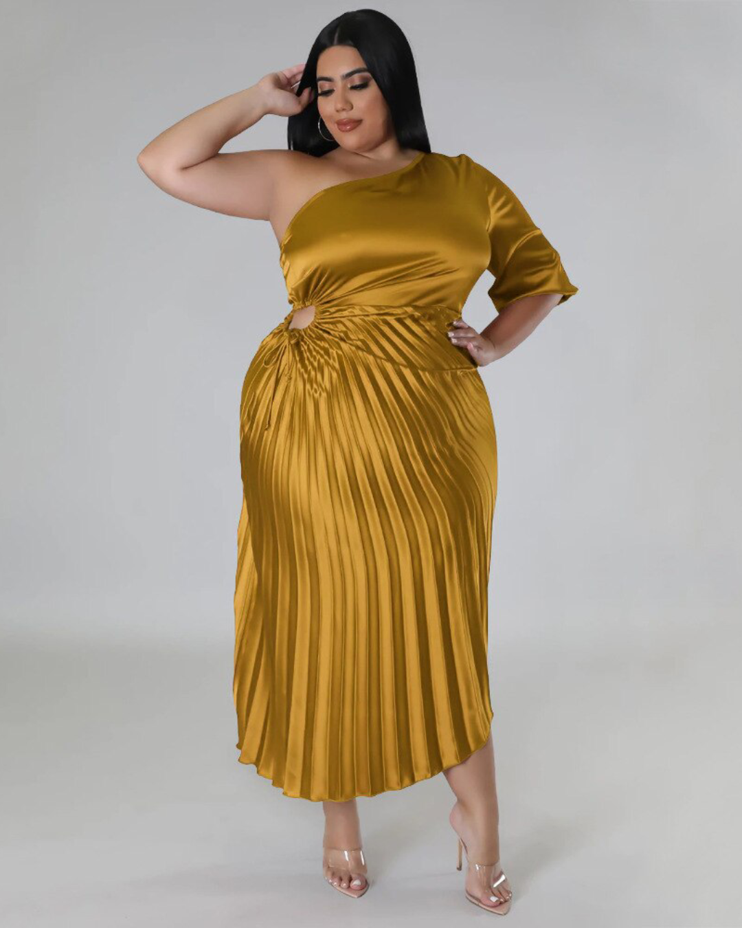 Plus Size Pleated One Shoulder Dress Yellow XL
