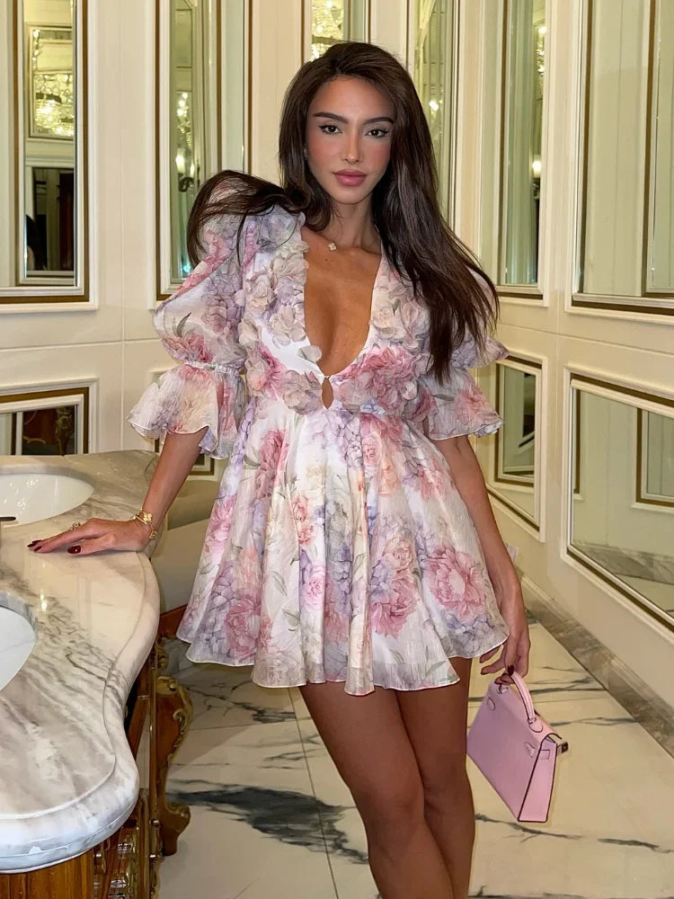 Sexy V-Neck Flare Sleeve Mini Dress