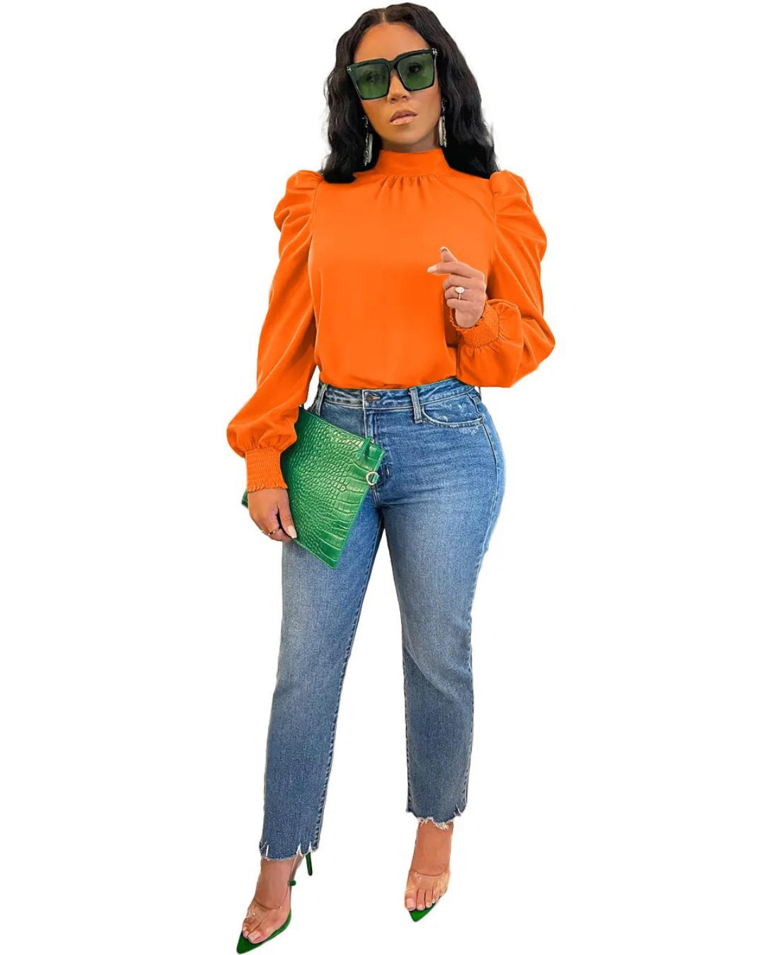 Solid Color Bubble Sleeve Back Lace Up Top Orange S