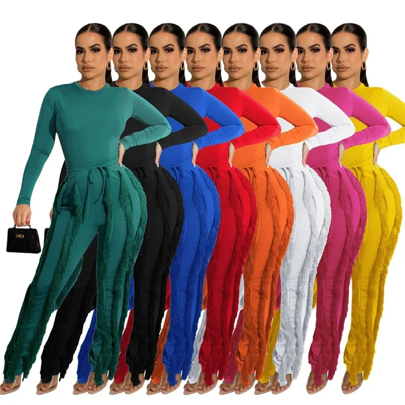 Long Sleeve Bodysuit Top and Tassel Pants Outfit