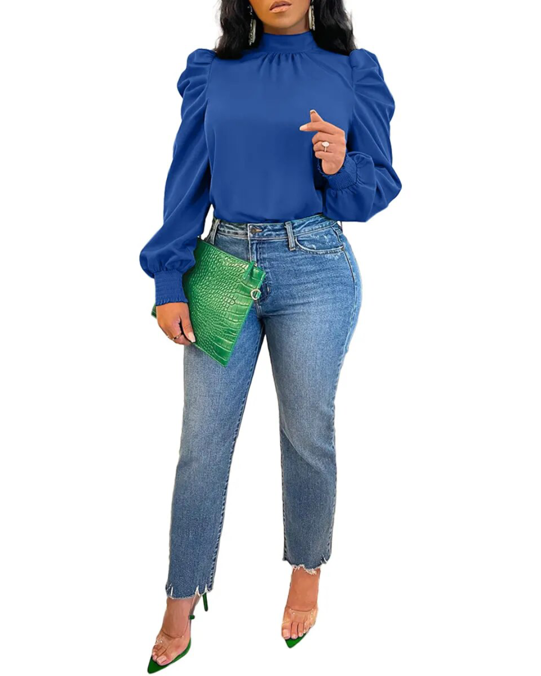 Solid Color Bubble Sleeve Back Lace Up Top Blue S