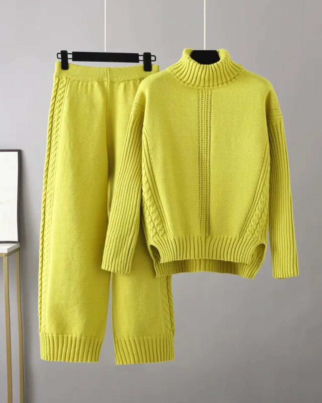 Turtleneck Knitted Top & Trousers Set Fruit Green One Size