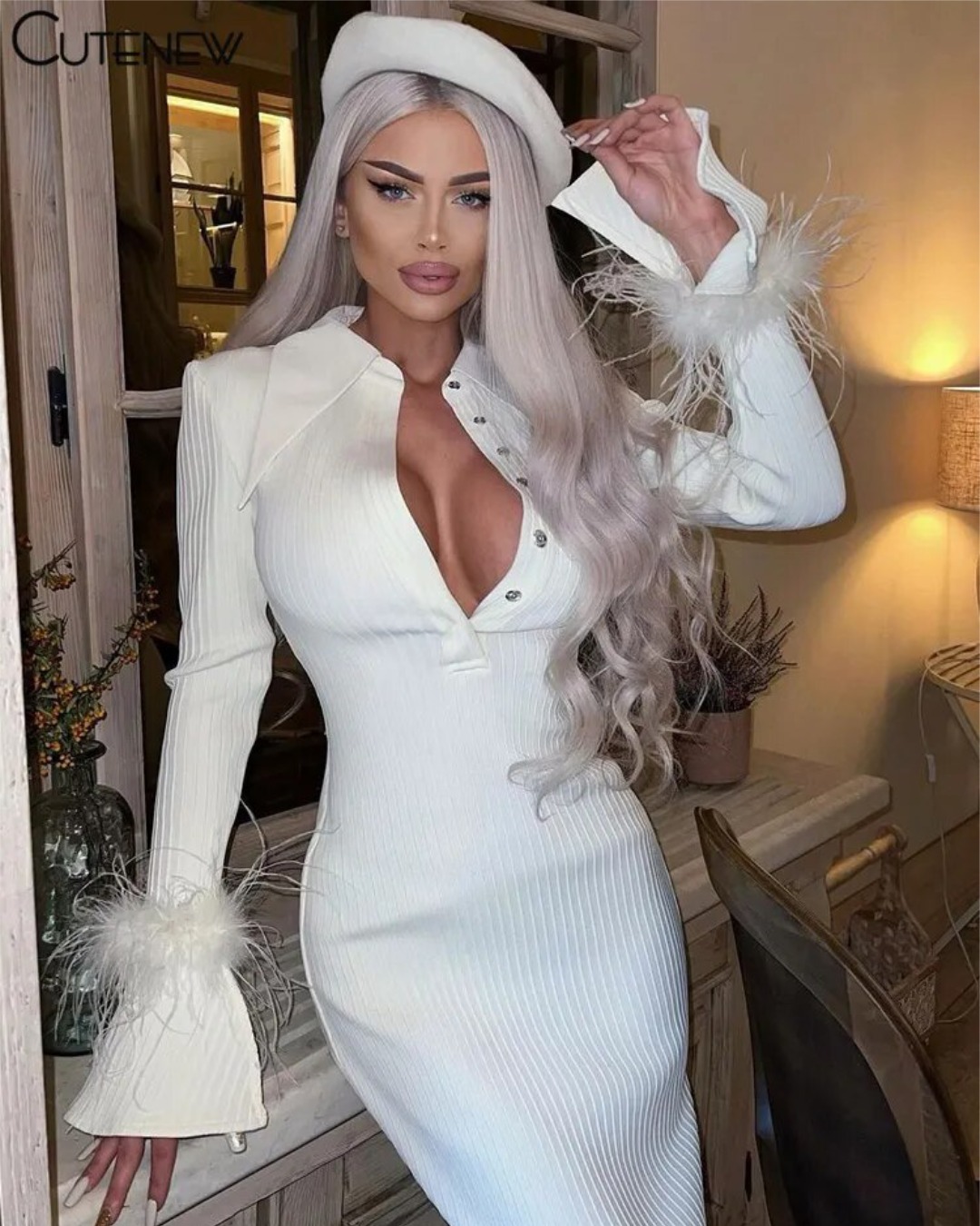Feather Flare Sleeves Single Breasted Dress